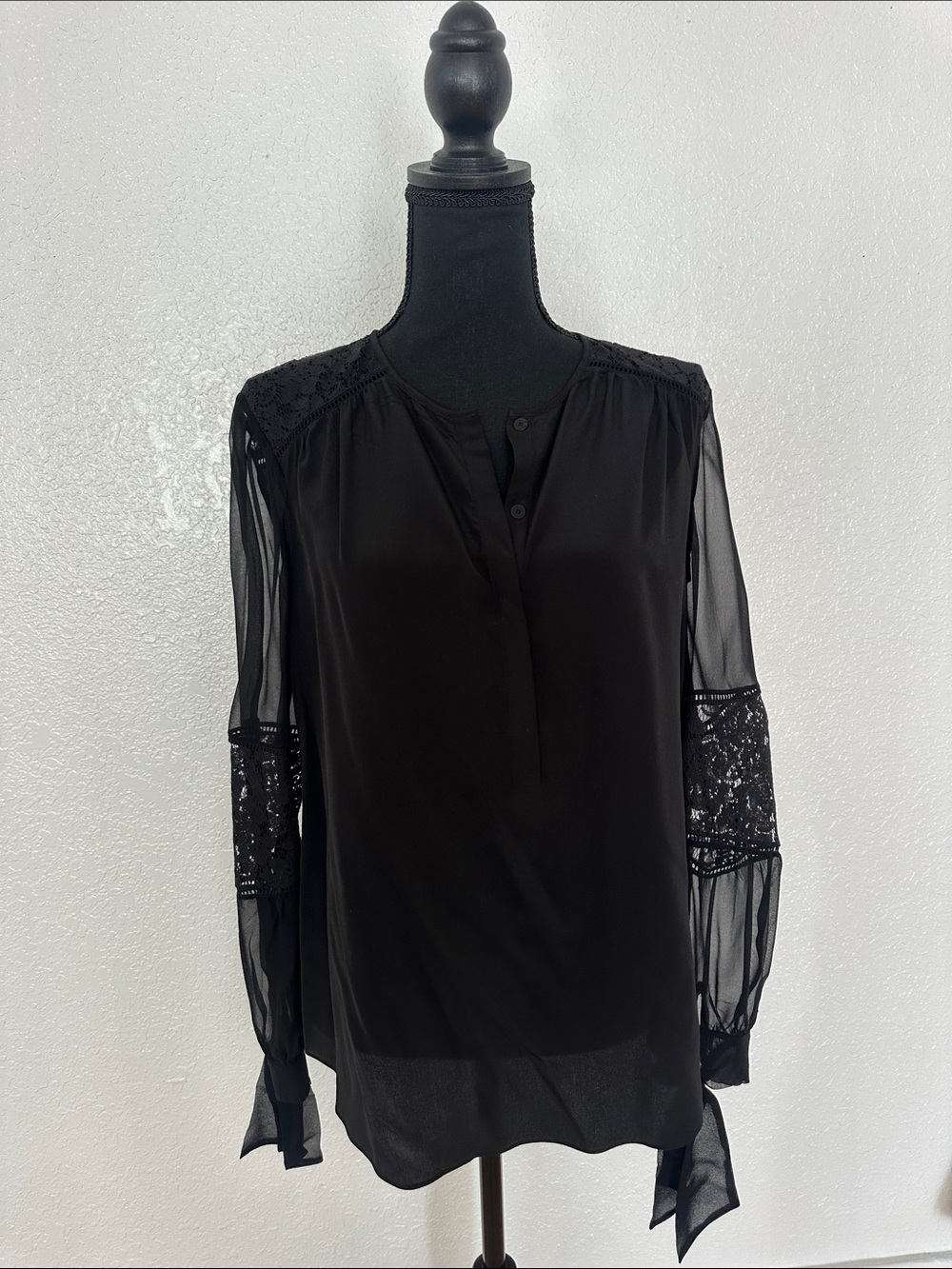 Rebecca Taylor Black Lace-Inset Sheer Sleeve Blouse